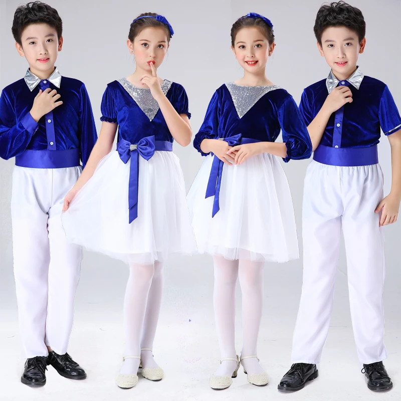 

Children Formal Clothes Group Dance Dress Costumes For Kids School Choir Show Party Performance Outfit Blue Velvet Vestidos