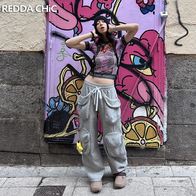 REDDACHiC Fun Loops Graue Jogginghose für Damen, einfarbig, Kordelzug, weites Bein, große Tasche, Cargohose, lässig, sportlich, Hip-Hop-Streetwear