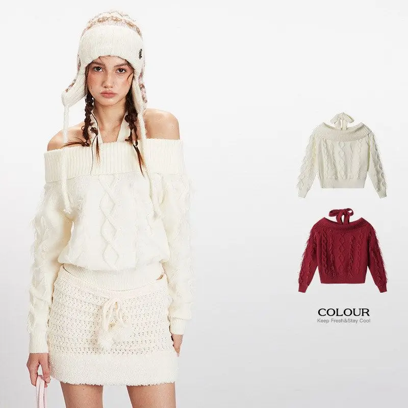

Red Knitted Sweater ort One-oulder Women's Faionable Winter Ne Hanging Soft High-End Feeling Commute Sle Long Sve