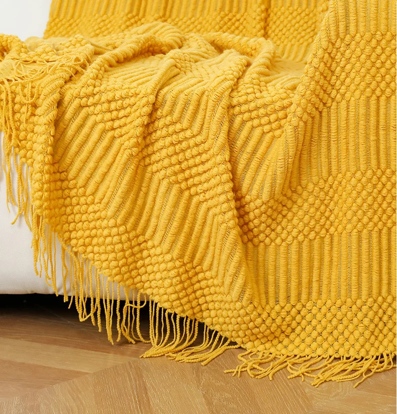 Yellow Nordic Knitted Blanket Bed Sofa Plaid Travel Nap Blankets Solid Color Soft Winter Air Conditioning Blanket with Tassels