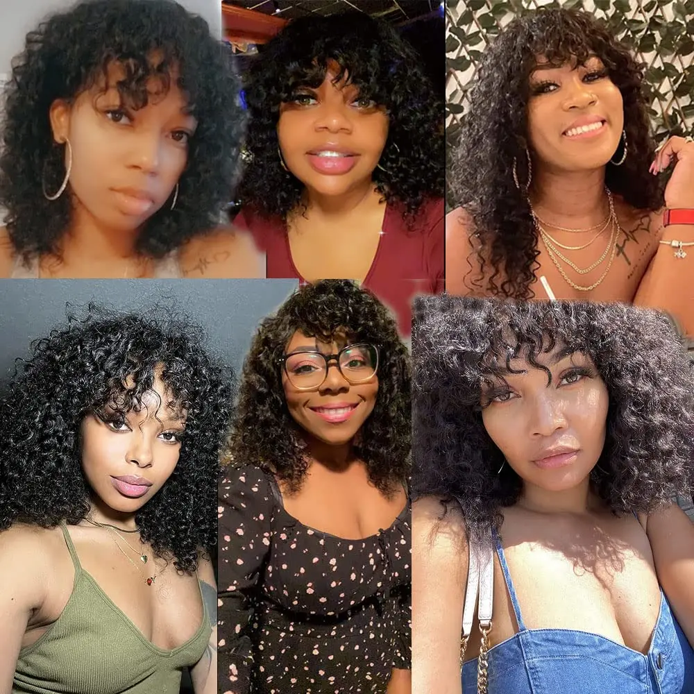 Perucas encaracoladas do cabelo humano glueless com Bangs para mulheres negras, brasileiro Bob, parte superior do couro cabeludo, 200% Densidade