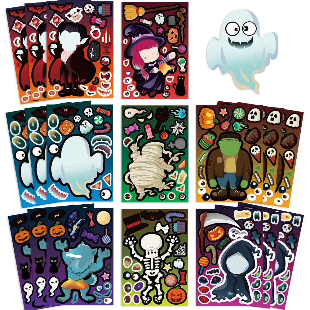 8Pcs Halloween Mix-and-Match Face Swap Stickers, Cartoon Spooky Character Decals for Luggage Custom Decor Giajar Sticker Store