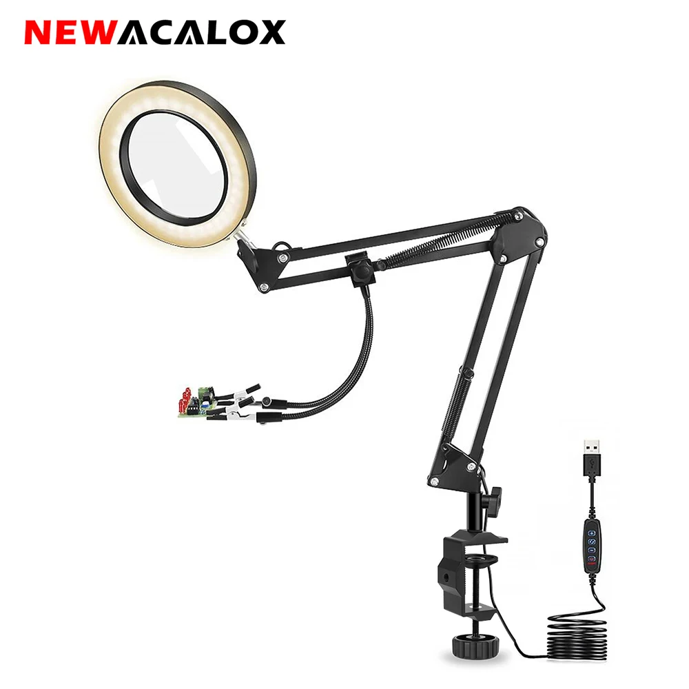 

NEWACALOX LED 5X Magnifier USB Lamp Table Clamp Soldering Helping Third Hand Soldering Station 2pcs Flexible Arms Welding Tool