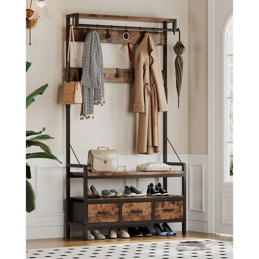 

Hall Tree with Bench and Shoe Storage, reestanding Entryway Coat Rack with 3 abric Ders, 16 Hooks