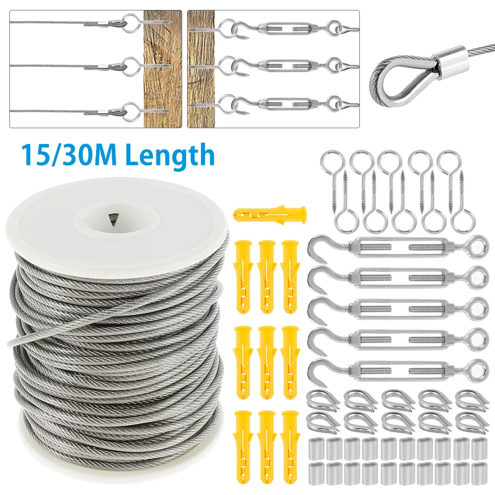 15M/30M Picture Wire Cable Railing Kit Garden Heavy Duty Screw Eye Screw Turnbuckle Wire Tensioner Strainer Coated Cable Rope 