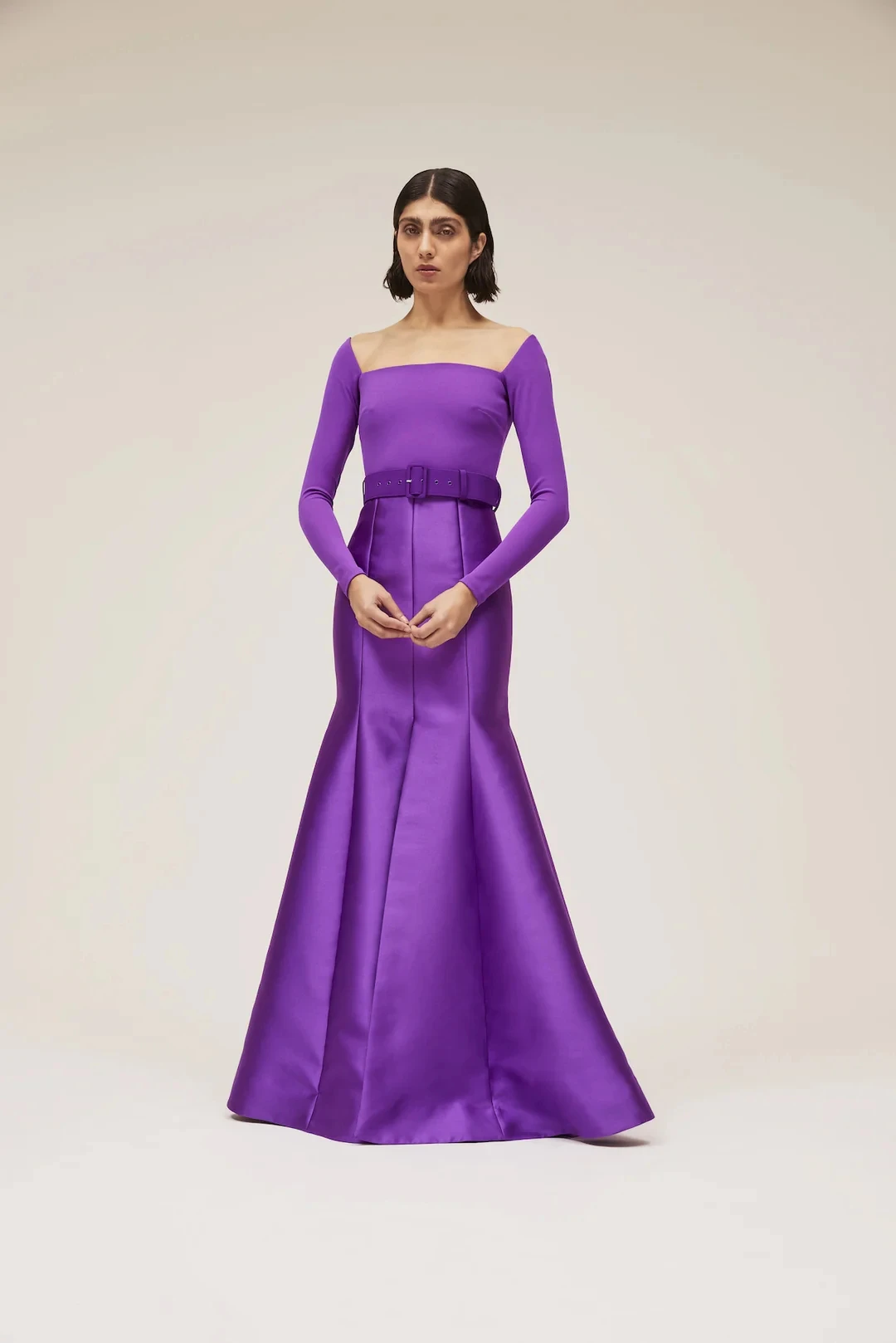 

Fashion Mermaid Floor Length Square Neck Satin Long Sleeves Pleats Evening Dress Classic Photo Color فساتين سهره نسائيه فخمة