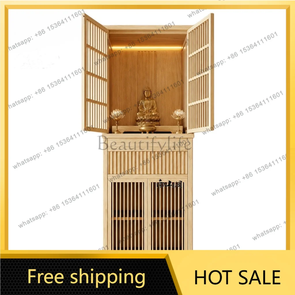 YJ Log Finish New Chinese Standing Shrine Cabinet Home Altar Cabinet For Guanyin God of Wealth Buddha Statue Worship Cabinet`