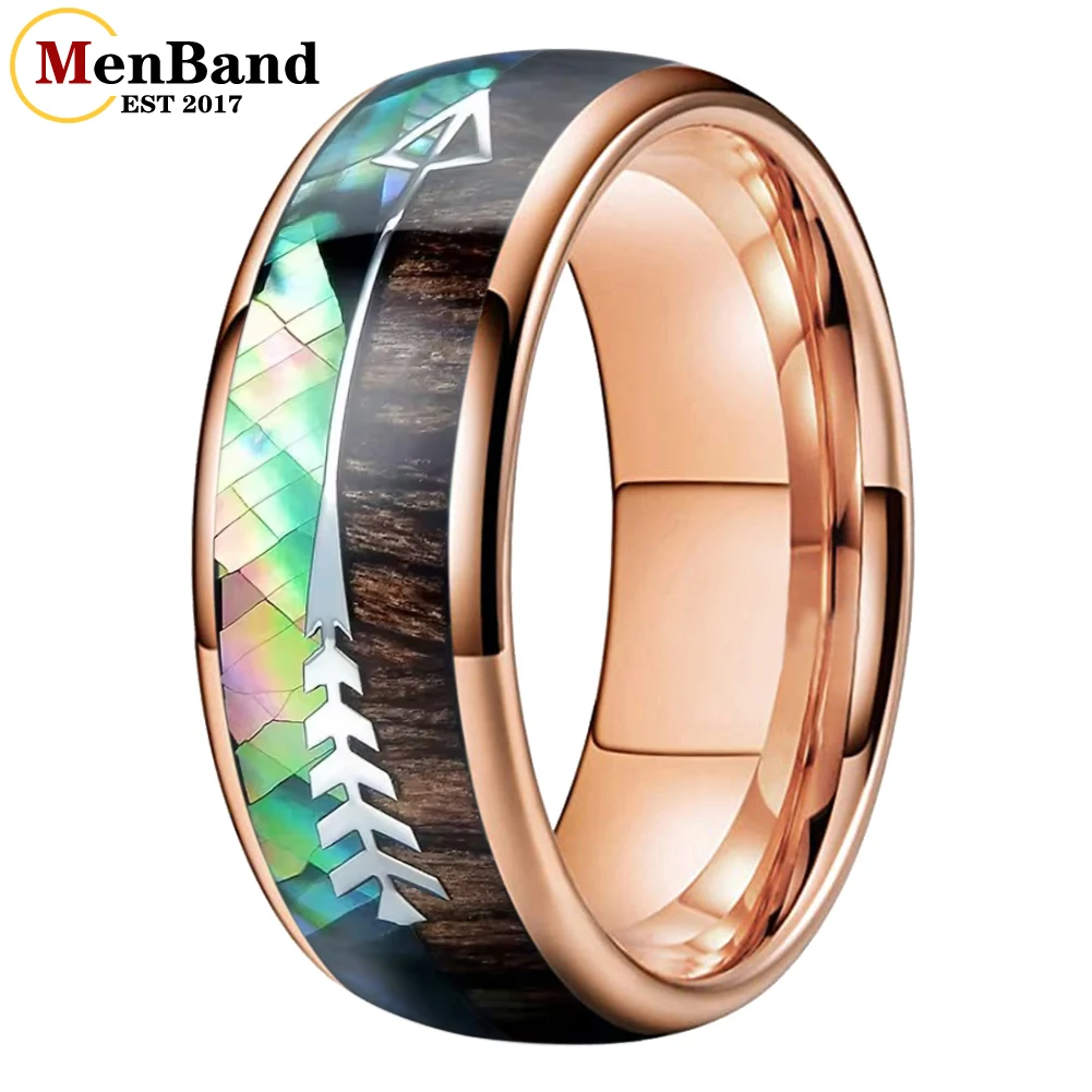 MenBand 8mm Tungsten Ring Men Women Fashion Wedding Band Abalone Shell Arrow Koa Wood Inlay Polished Shiny Comfort Fit