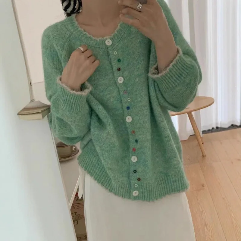

Korean Version Color Buttoned Knitted Cardigan for Autumn and Winter Loose and Slimming Round Neck Sweater for Women