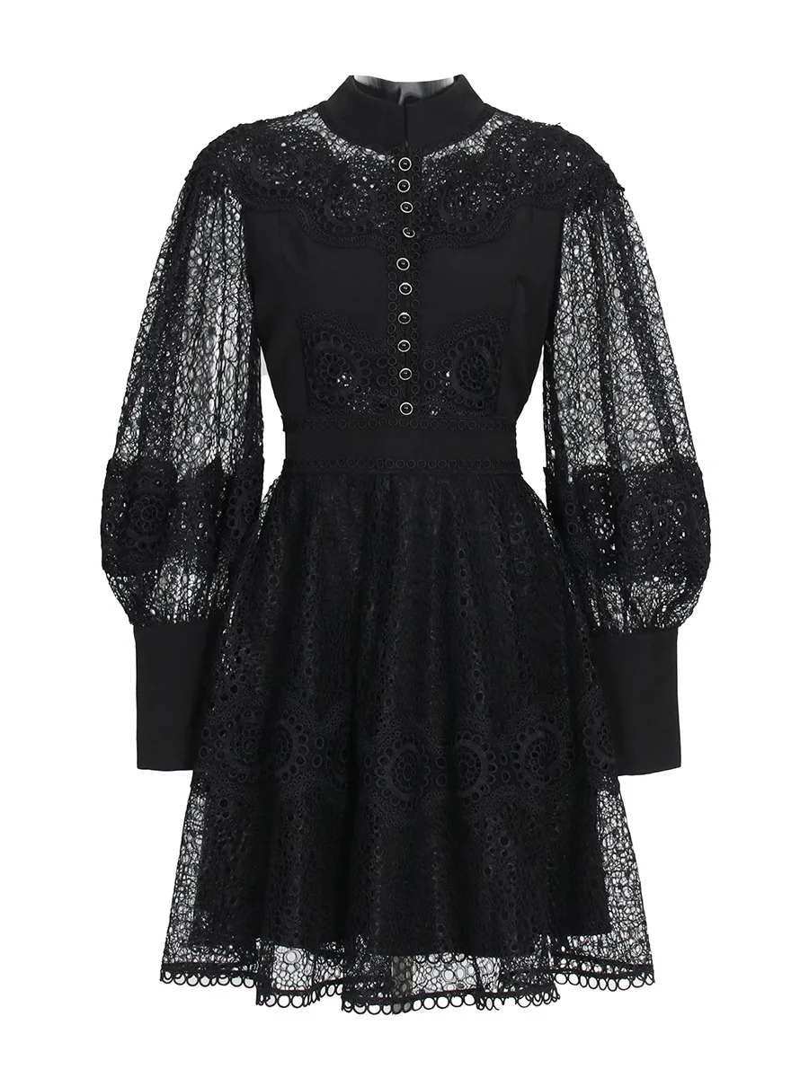 Autumn French court style embroidery stand collar mesh lace perspective splicing design short dress