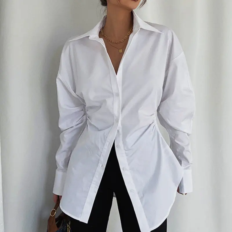 2023 Autumn Winter Women Turn Down Collar Long Sleeve Shirts New In Elegant Lady Slim Waist Cotton Blouse Shirring White Tops