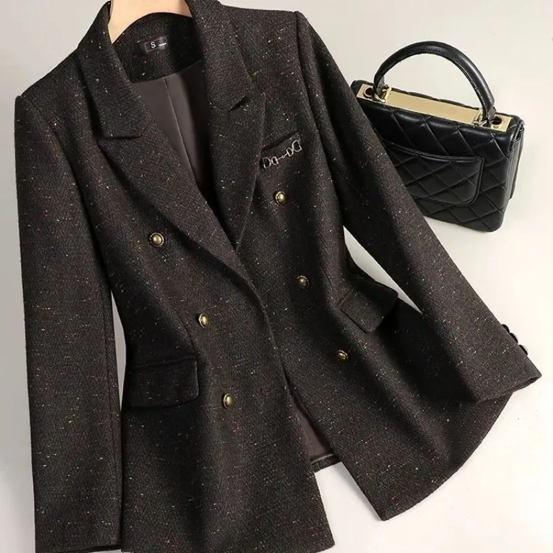 

Woolen Blazer Women's Autumn Winter Senior Sense Korean Version Small Fashion Temperament Double-breasted Versatile Casual Top