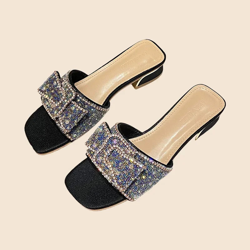 Summer Women's Sexy Style Ins Tide Net Slippers Rhinestone Pointed Toe Breathable Small Size Sandals Height Increasing Slip-On