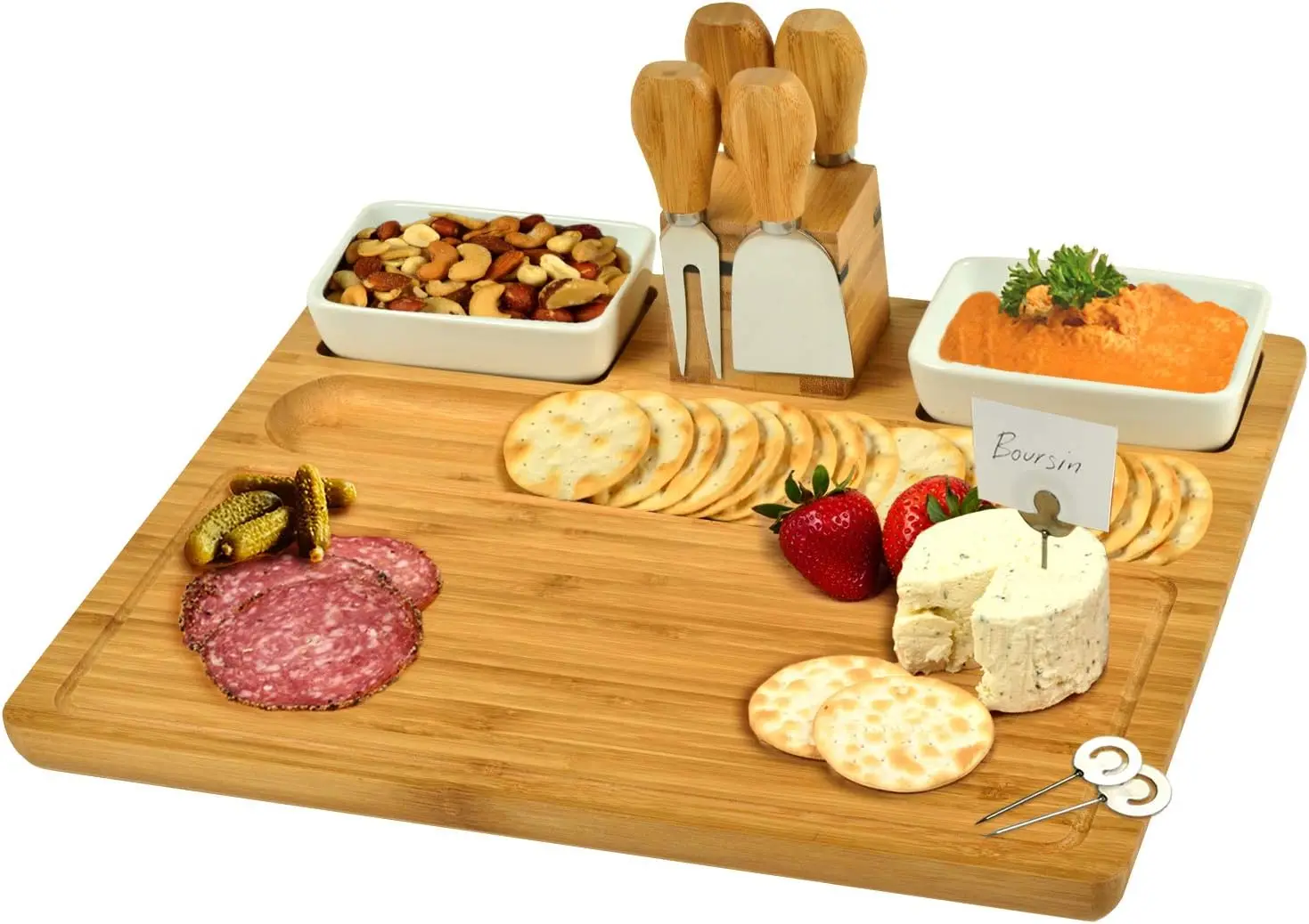 Large Bamboo Cheese Board/Charcuterie Platter with 4 Stainless Steel Tools, 2 Ceramic Trays & Cheese Markers -16