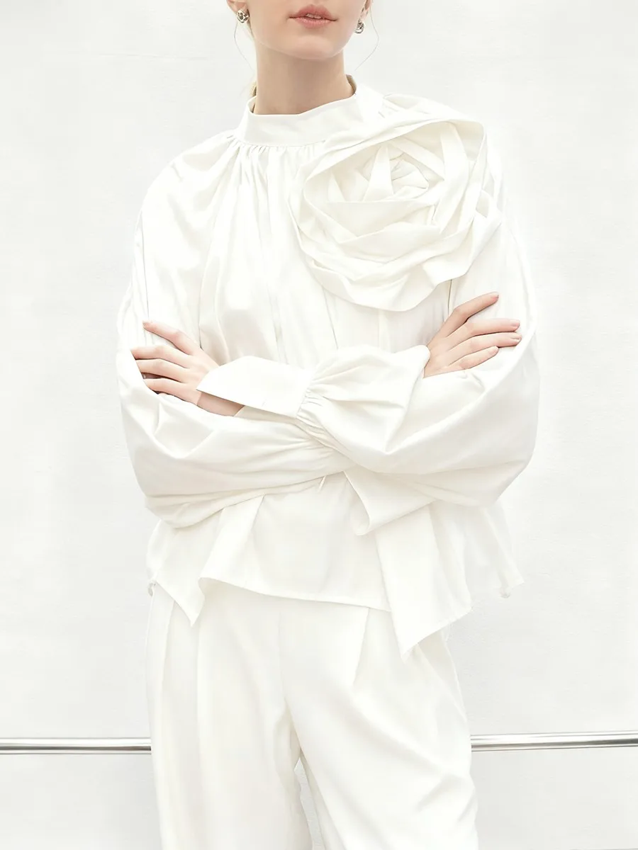 TWOTWINSTYLE Solid Spliced 3D Flower Basics Camicette per le donne Stand Neck Maniche lunghe Patchwork Shirring Camicetta casual Donna