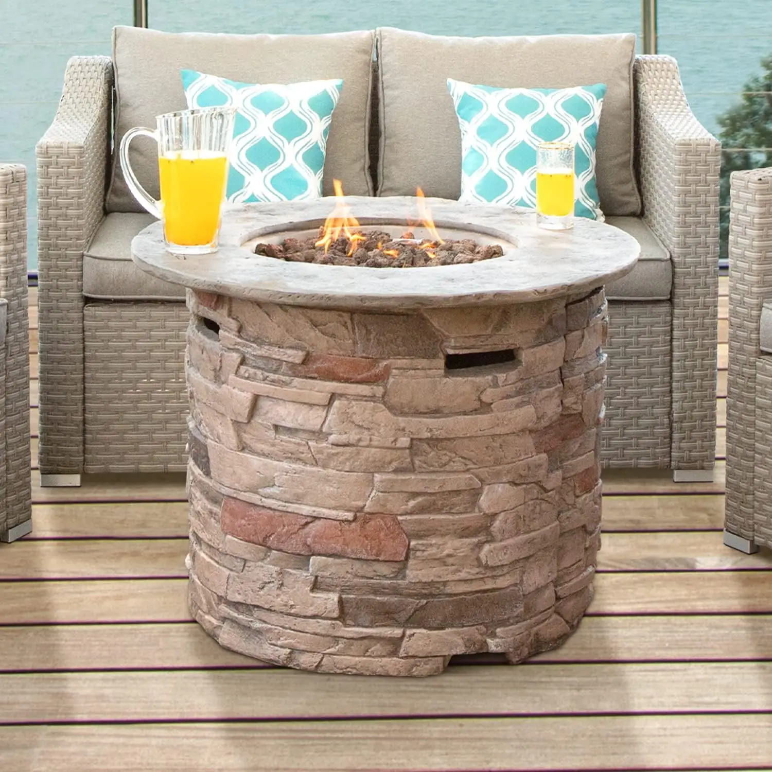 

Outdoor Fire Pit Propane Round Column, Stonecrest 40,000 BTU Gas Fire Pit for Outside w Lava Rocks,