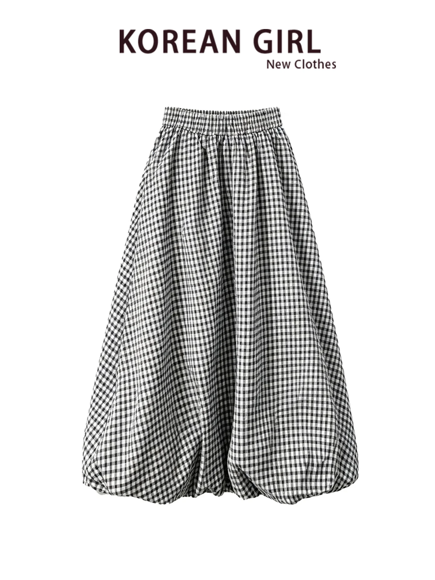 High Waist A-Line Midi Skirt Women's Plaid Flower Bud Umbrella Skirt Japanese Style Casual Breathable Skin-Friendly Skirt