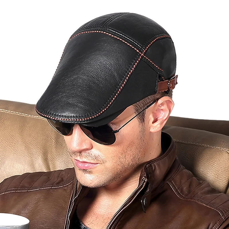

2025 Spring Man Genuine Leather Cowhide Beret Hats Male Fashion Forward Caps Duckbill Adjustale Casquette Boina Trucker Cap
