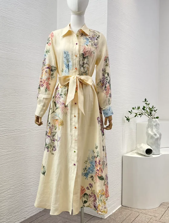 

2025 Beige Lace Patchwork Long Sleeve Blouse Dress