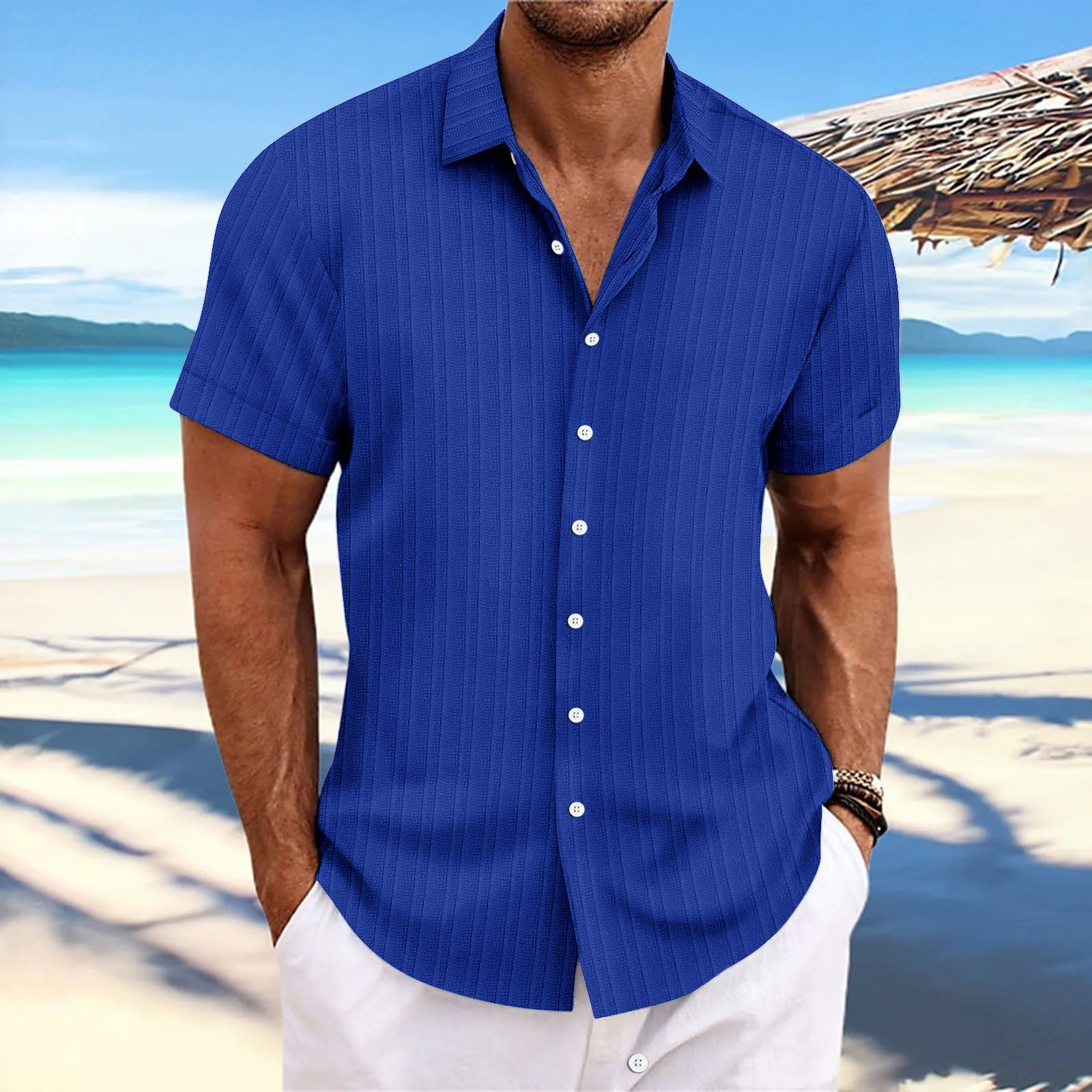 

Loose Fit Cotton Linen Men's Shirt Casual Short Sleeve Striped Pattern Embroidery British Style Open Cardigan Summer 2023