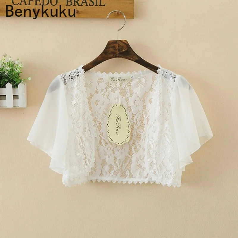 Lace Cardigan Bolero for Women Summer Short Sleeve Chiffon Cropped Top Elegant Sweet Pashmina Coat Shrug Outerwear Open Stitch