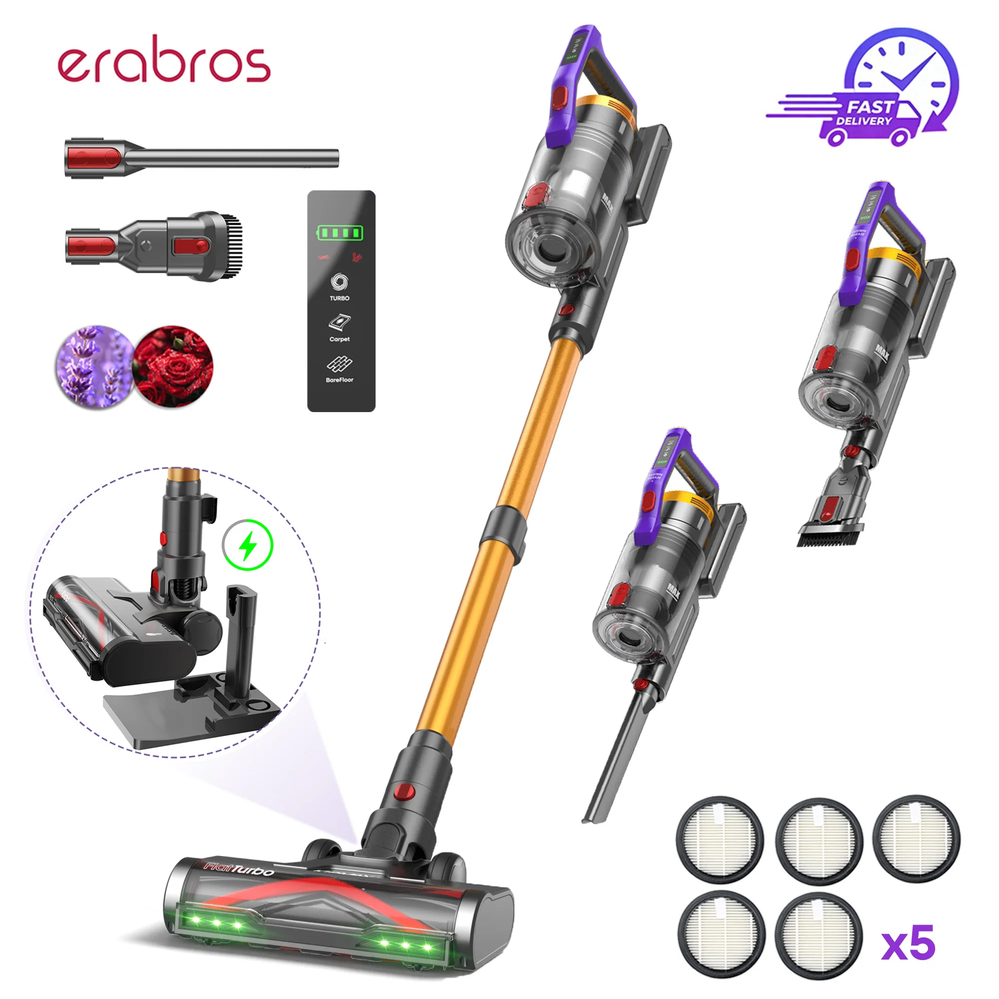 Aspirateur sans fil erabros EV7, aspiration de 70 KPa, moteur de 550 W, autonomie de 70 minutes, base de charge et de rangement, aspirateur à manche avec design aromatique