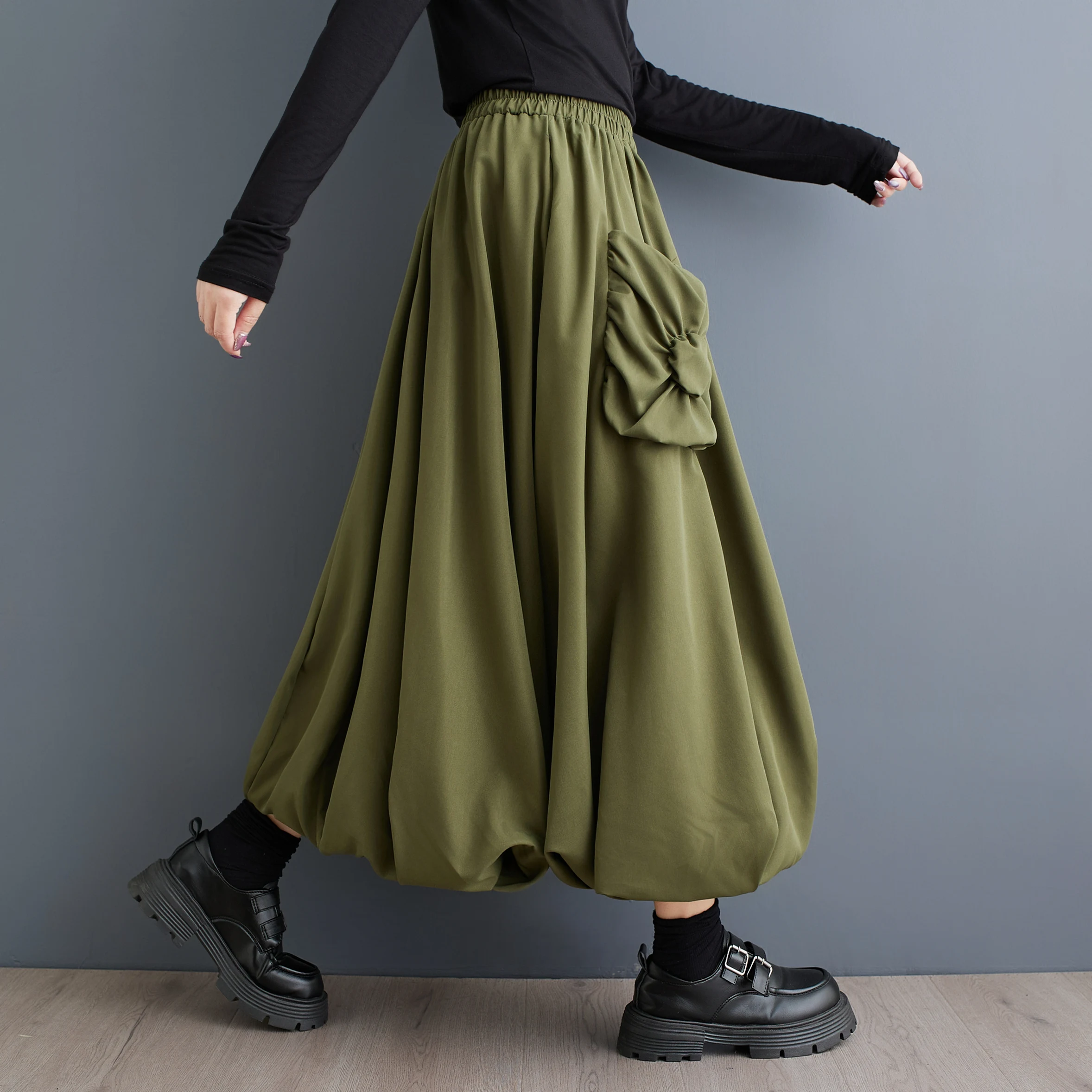High Waist Lantern Skirt with Pockets Double Layer Splicing Bubble A-Line Midi Skirt Pure Color Versatile Design Women's Fashion