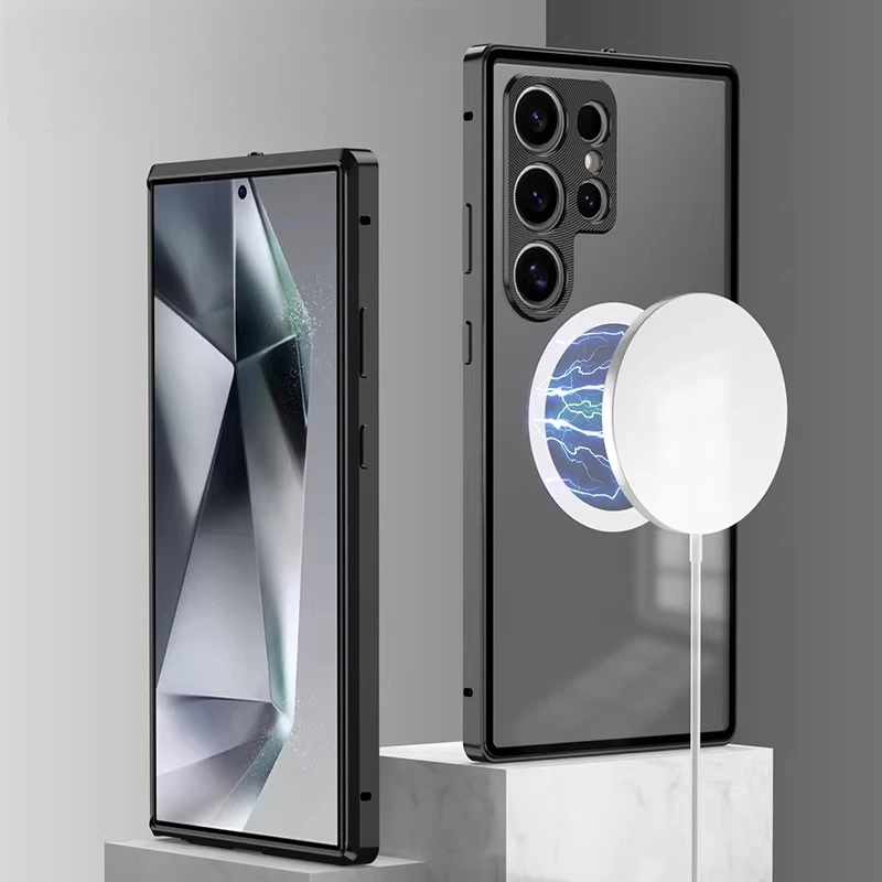 

Business Magnetic Locking Metal Frame Anti-Drop Case For Samsung S26 Ultra S25 S24 Wireless Charging Matte Clear Protector Cover