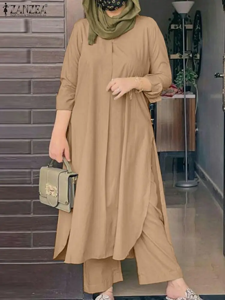 2024 ZANZEA Muslim Sets Women Long Sleeve Tops Wide Leg Pant Sets 2PCS IsIamic Outifits Elegant Tracksuits Matching Sets