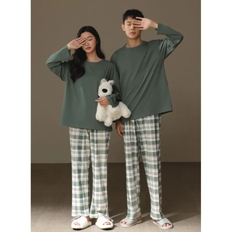 New Couples Sleepwear Set - Men's and Women's Cotton Round-Neck Long Sleeve Green Checkered Pants for Home Wear (Spring & Autumn