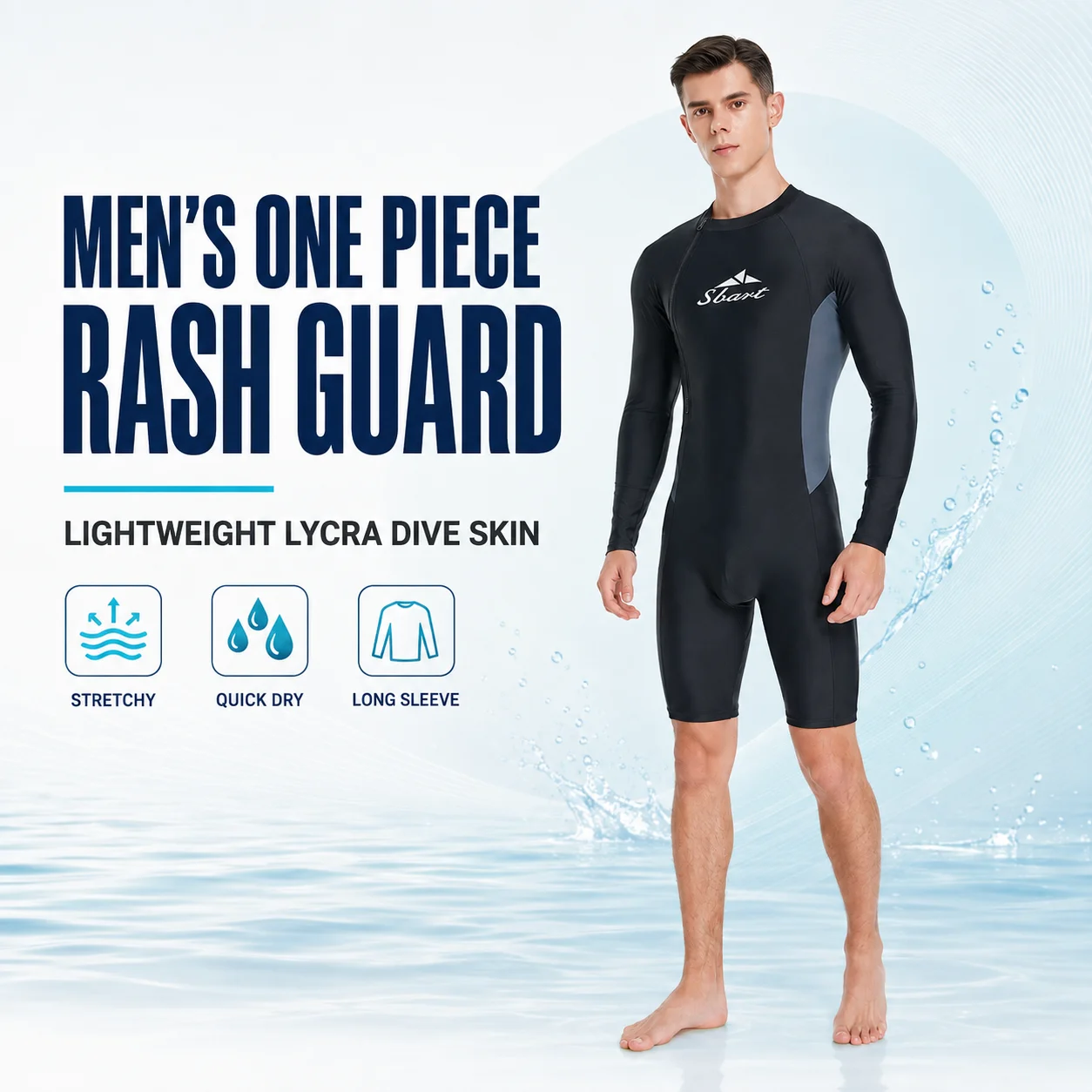 SBART Men One Piece Rash Guard Long Sleeve Shorty Dive Skin Front Zip Lycra Swimsuit for Surfing Snorkeling Swimming
