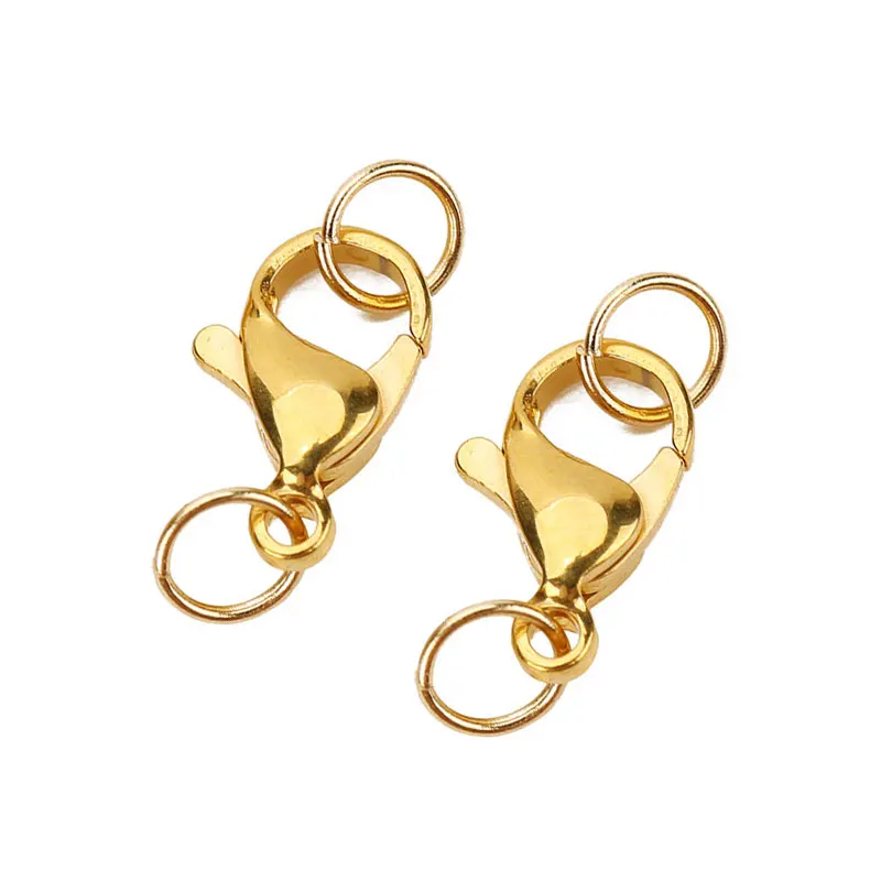 20 Sets PVD verblasst nie Edelstahl-Karabinerverschlüsse mit Biegeringen 9 10 12 14 15 mm Endhakenverbinder für die Herstellung von DIY-Schmuck