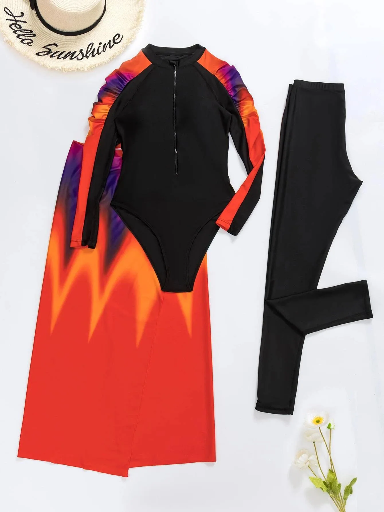 ملابس سباحة نسائية إسلامية من بوركيني متدرجة باللون الأحمر بأكمام طويلة وبنطلون وسحاب ملابس سباحة صيفية للشاطئ