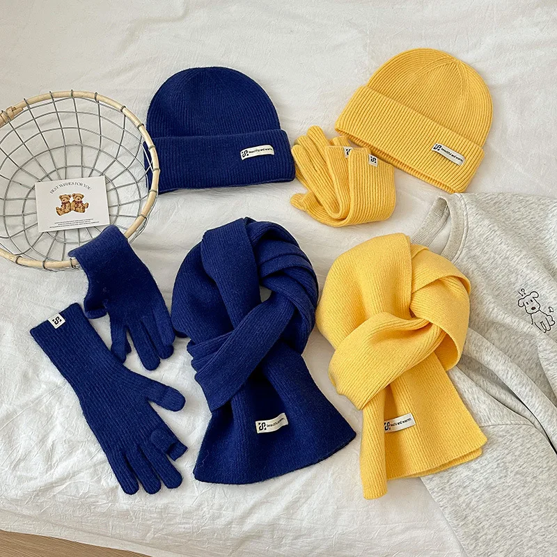 3pcs set topi kupluk musim dingin syal panjang sarung tangan wanita dan pria set topi musim dingin rajutan unisex warna solid hangat