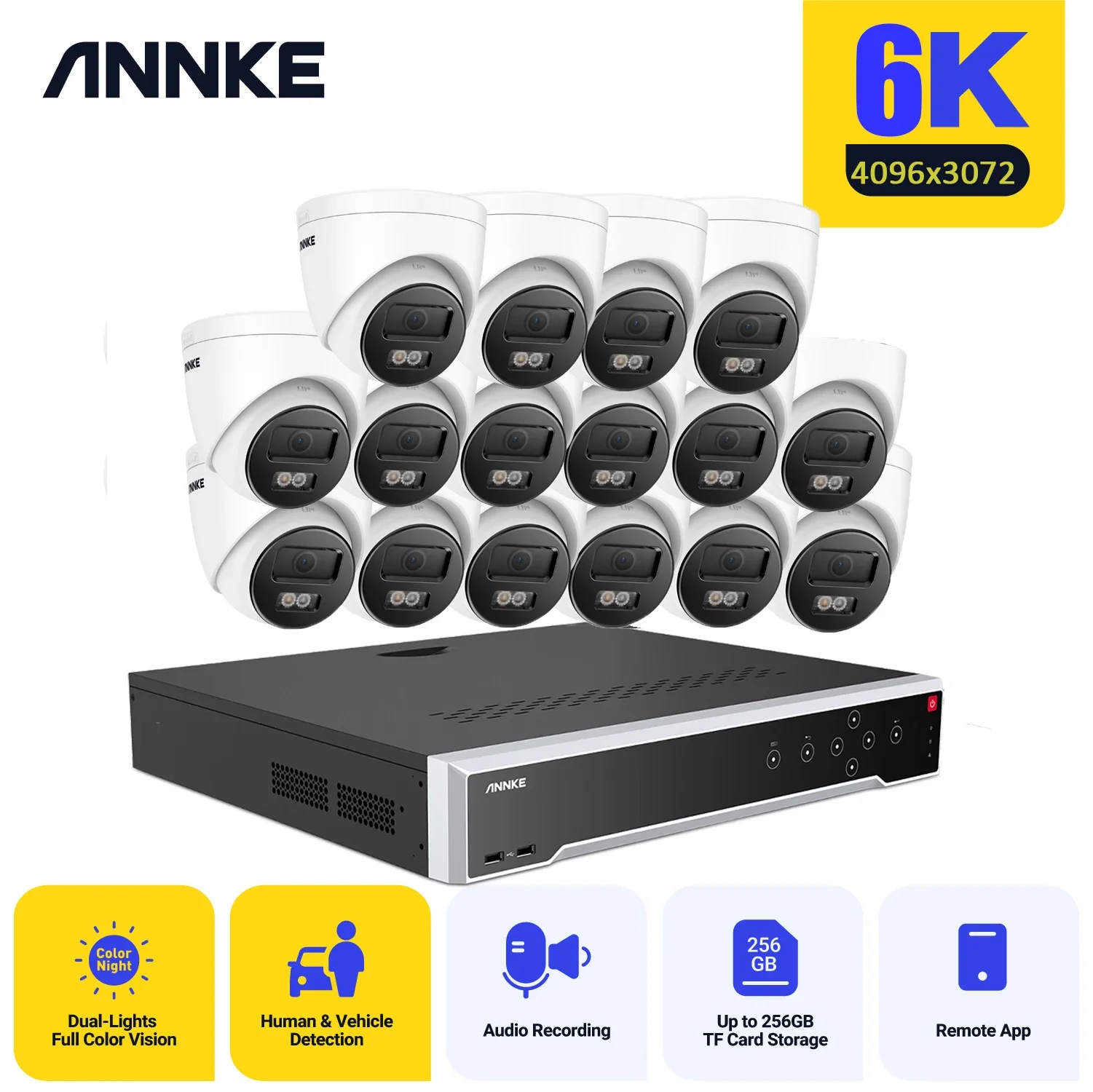 Annke-Câmera de Segurança HD com Luz Dupla, Câmera de Segurança, Sistema CCTV, Vigilância por Vídeo Fixo Áudio, Detecção de Veículo Humano 32CH NVR, 12MP, Poe 6K