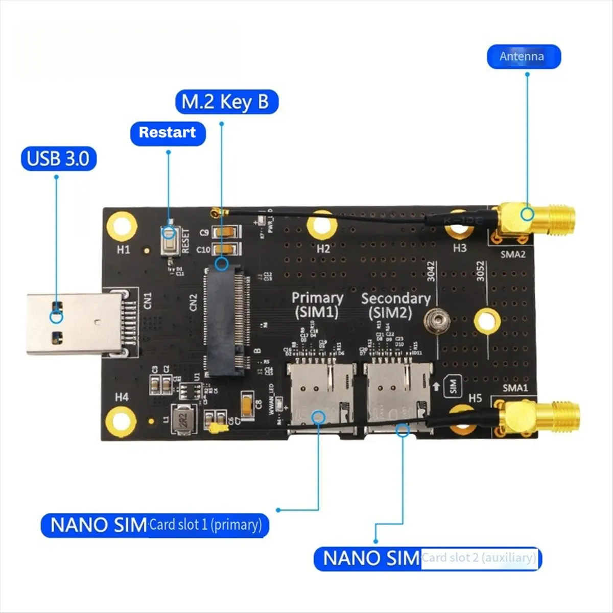 

*ESTR NGFF M.2 Key B to USB 3.0 Adapter Expansion Card for 3G/4G/5G Module M.2 Wifi Card Dual NANO SIM Card Slot 5G Antenna