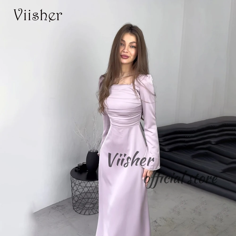 

Viisher Lilac Mermaid Evening Dresses Long Sleeve Square Neck Formal Prom Dress Pleats Satin Evening Party Gowns