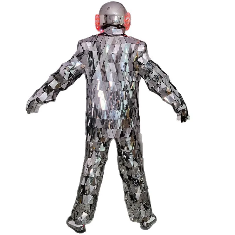 Sliver Mirror Men Costume Led Helmet Stage Party Show Clothing Singer Nightclub Costumes Halloween Festvial Cosplay Suit
