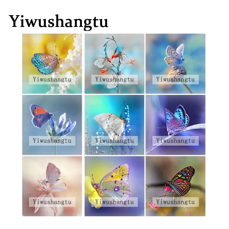 Cute colourful  butterfly flower pattern 12mm/20mm/25mm/30mm Square photo glass cabochon demo flat back Making findings