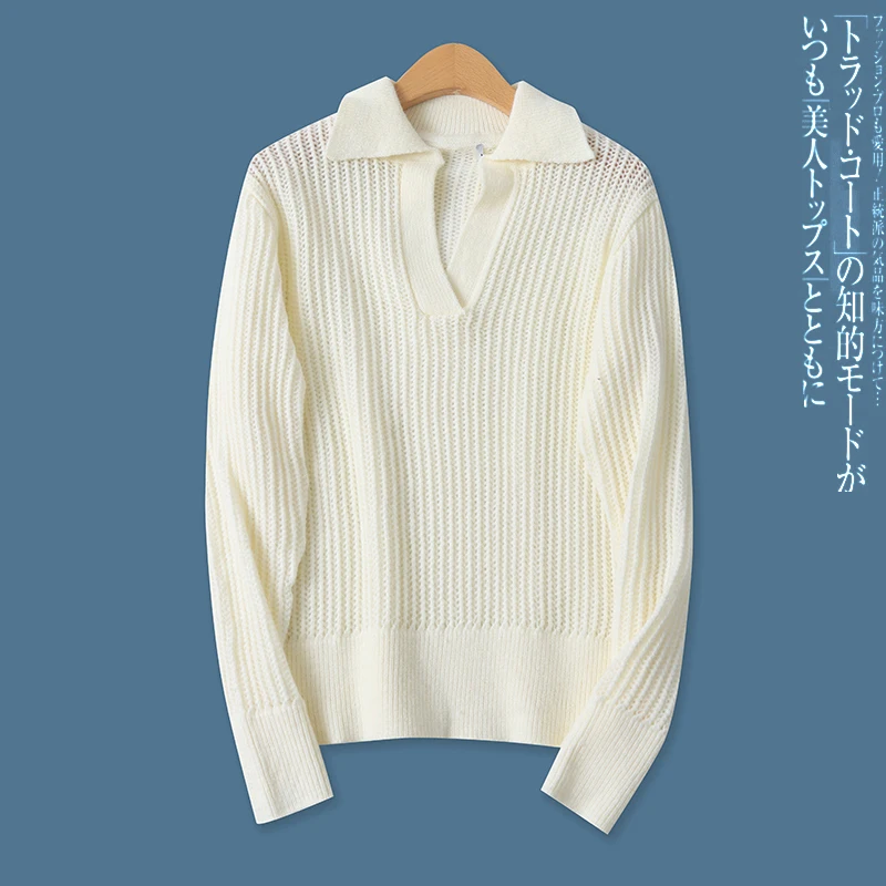 

Faionable Hollow out Long Sve Knitted Sweater Spring New Sle Women's Slim Fit Turn down Collar Striped Design 764