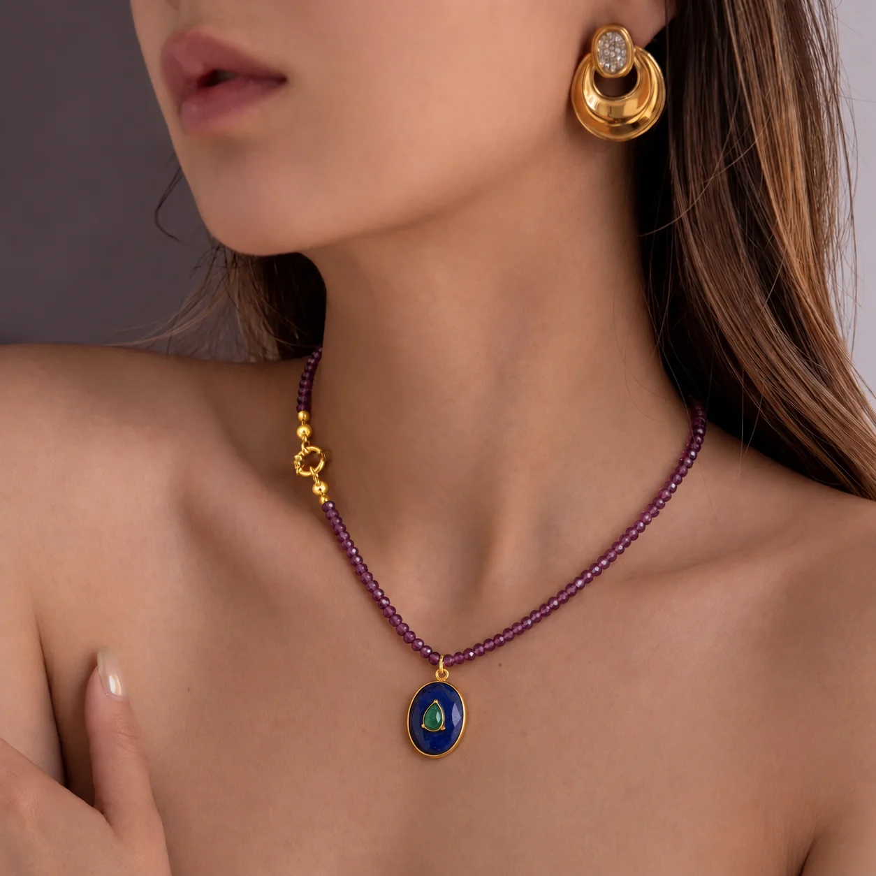 Statement Colorful Beaded Necklace for Women Fashion 18K Gold Plated Oval Natural Stone Pendant Necklaces Elegant Jewelry Gift