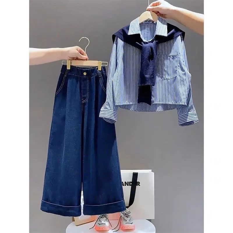 

Teenage Girls' Set Spring and Autumn New Children's Striped Shirt+Jeans 2-piece Set 4 6 8 10 12 15Y