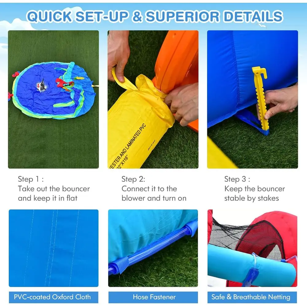 Dmuchane zjeżdżalnie wodne, dmuchane zamki do skakania dla dzieci z długimi zjeżdżalniami, ścianą do wspinaczki i dużym basenem, wodne karabiny i węże.