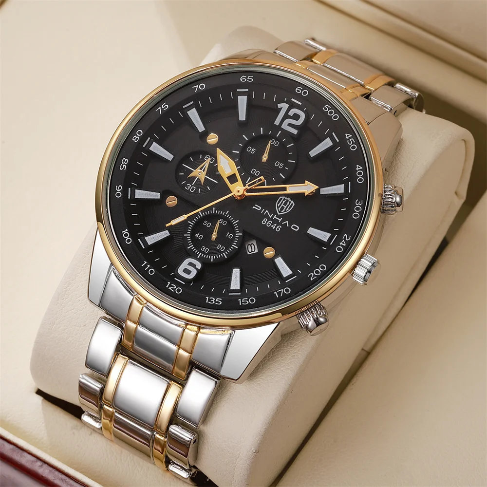 Men's Two Tone Quartz Watch Decorative Sub Dials Date Window Stainless Steel Band Business Sports Wristwatch