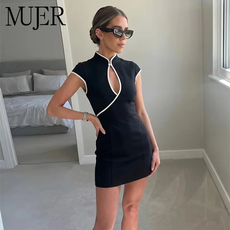 MUJER Ausgeschnittene kurze Kleider für Damen, Sommer-Minikleid im Kontrast-Stil, Partykleider im chinesischen Stil, ärmellose Kleider für Damen