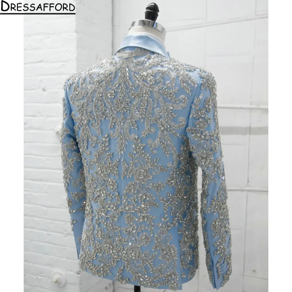Light Blue Luxury Beading Crystal Men Suits 2 Piece New Fashion Business Casual Wear Party Wedding Groom Tuxedo Jacket And Pants