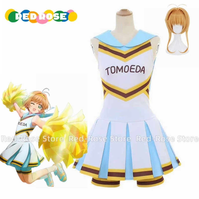 Anime Cardcaptor Sakura Clear Card Sakura Kinomoto Cheerleader Cosplay Costume Halloween Christmas Custom size Any Size Wig