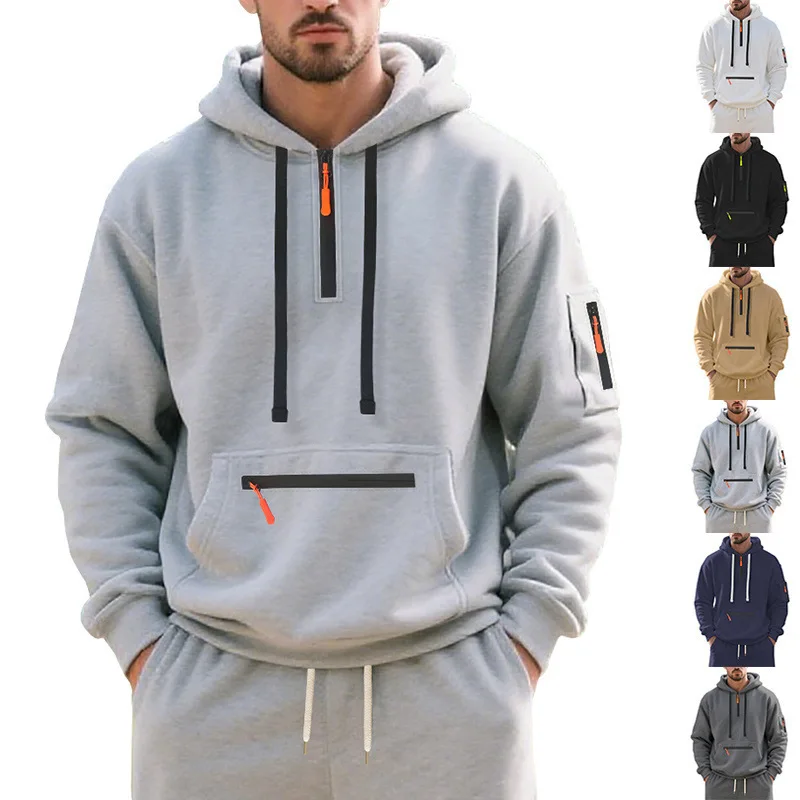 

Europe, America, Autumn and Winter Fleece Sweater Hooded Men's Pullover Sports and Leisure Heavy Sweater Jacket Men