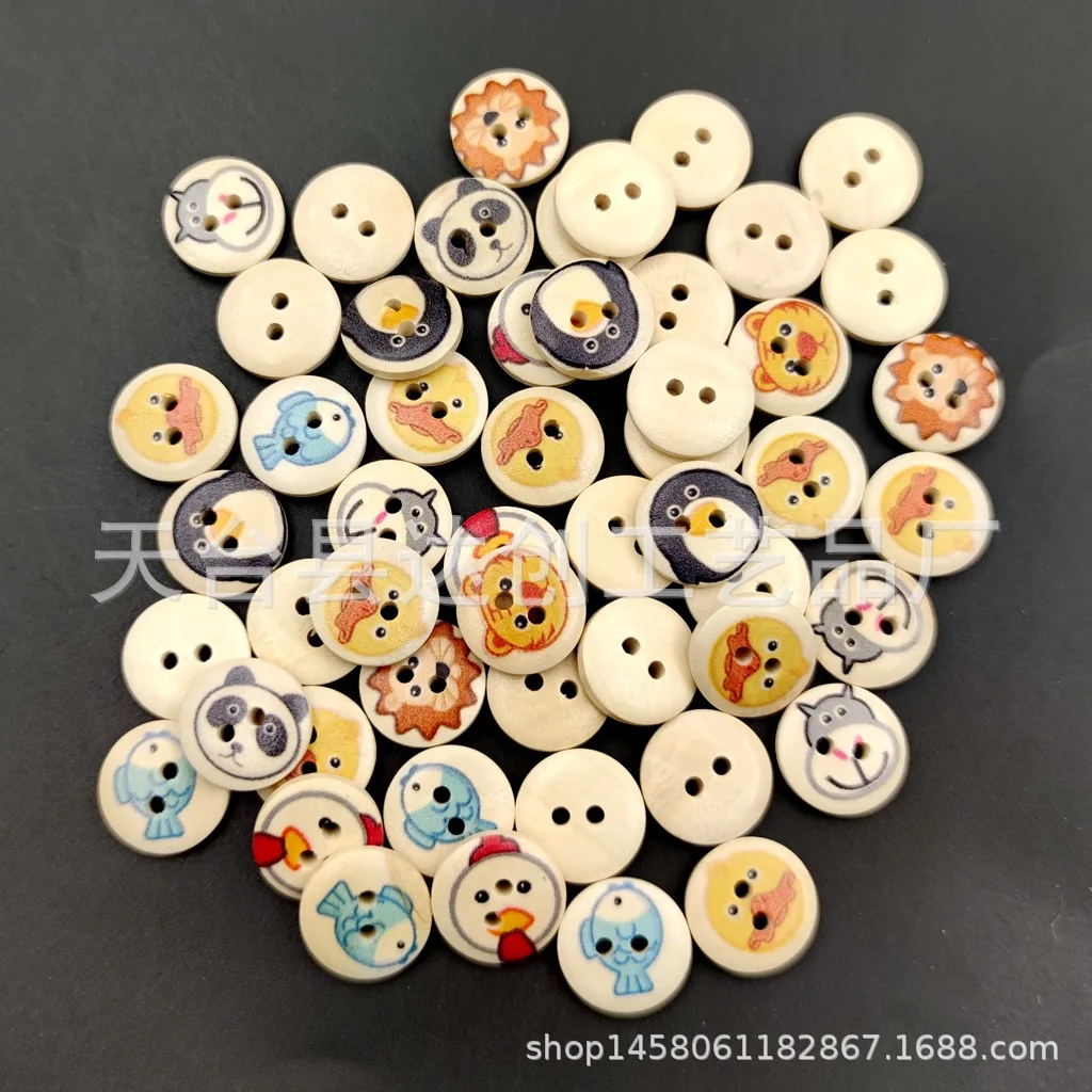 15mm kolorowe drukowane guziki z mieszanych drewna z motywem zwierzęcym DIY materiały do rękodzieła dla dzieci do kolażu 100 sztuk/worek
