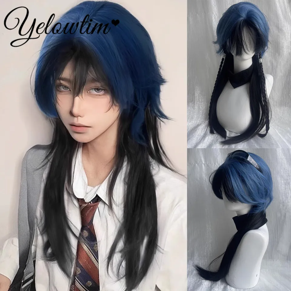 Synthetic Wig Wolf Tail Mullet Fish Head Wig Long Hair Blue and Black Jellyfish Head Long Straight Hair Versatile COS Full Head